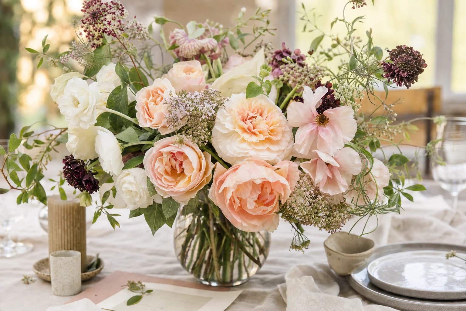 Garden-inspired flower arrangement on a linen event table