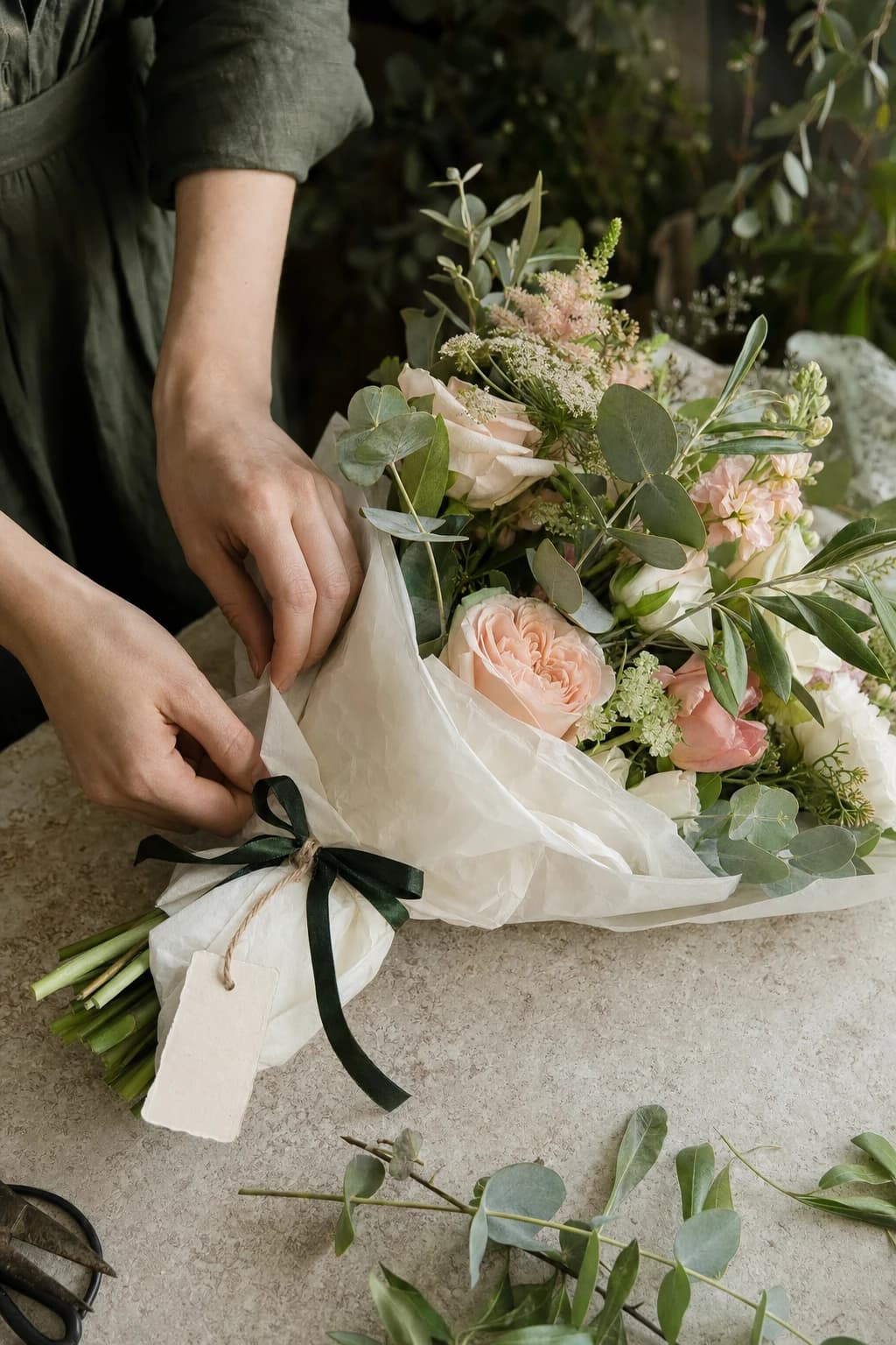 Florist hands wrapping a seasonal bouquet in tissue paper